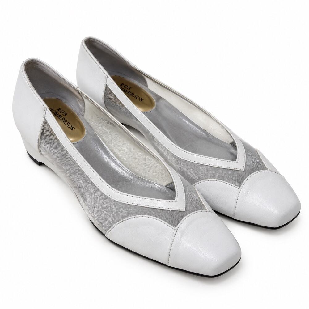 Ros Hommerson White Leather Mesh Flats Size 10S Square Toe Vintage
